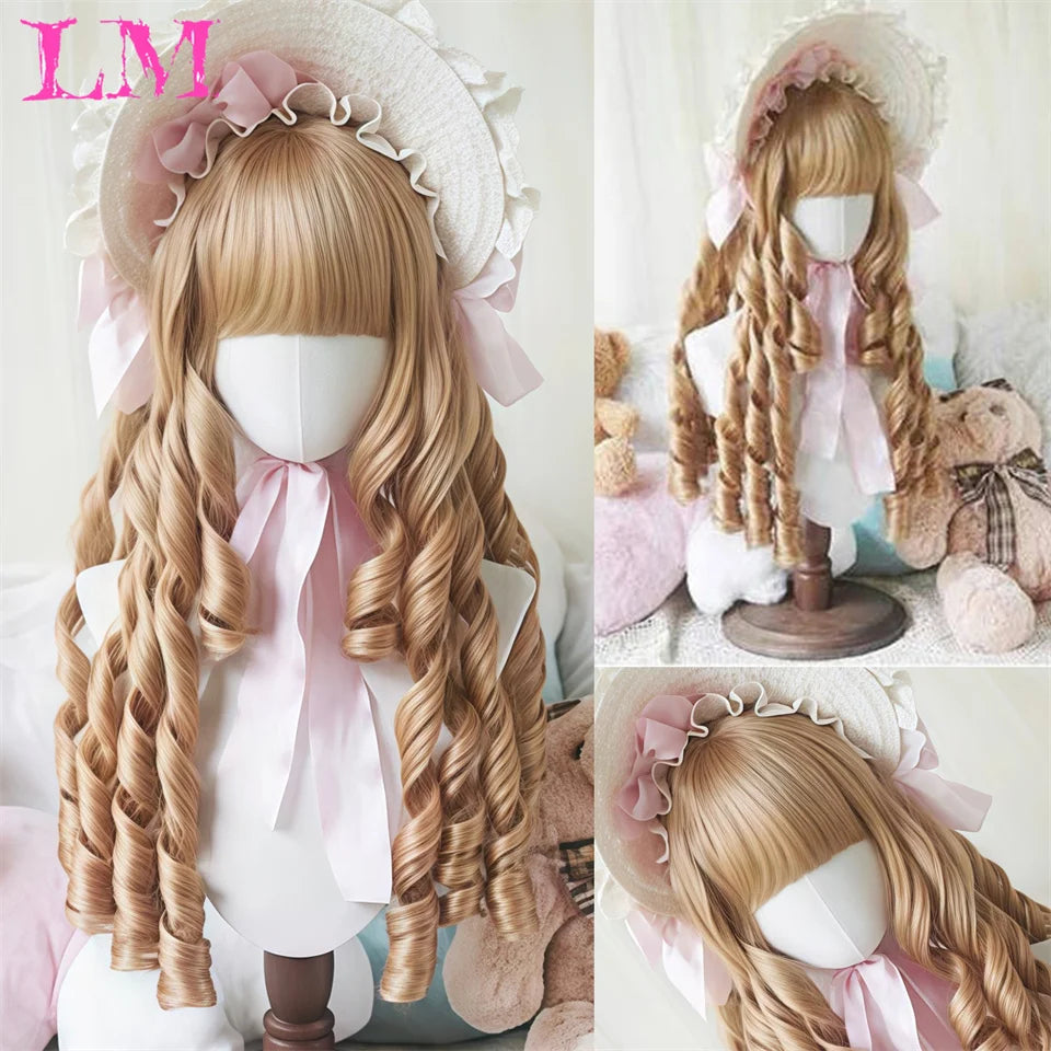 LM Synthetic Black Wig with Long Ponytail Short Straight Wig Lolita Cosplay Party Harajuku Blonde Wig With Bangs for Women